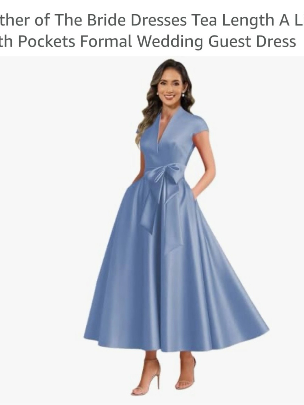 Satin Sky Blue Tea-Length V-Neck Dress with Waist Bow